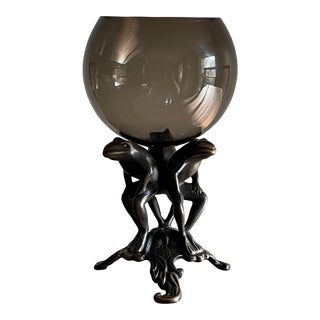 Late 20th Century Bronze Frog Pedestal With Glass Bowl or Ashtray For Sale