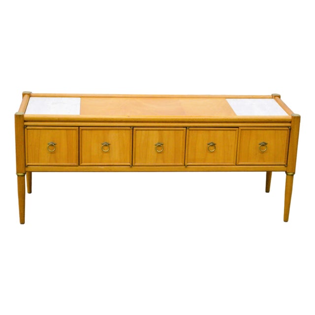 1960s Mid Century Modern Wood Italian Travertine Top Inserts Brass Trim Low Credenza Console Cabinet For Sale