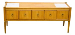 1960s Mid Century Modern Wood Italian Travertine Top Inserts Brass Trim Low Credenza Console Cabinet
