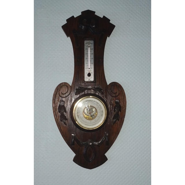 French Provincial Mid 20th Century Barometer Weather Station in Wood, Metal, Brass and Beveled Glass For Sale - Image 3 of 6