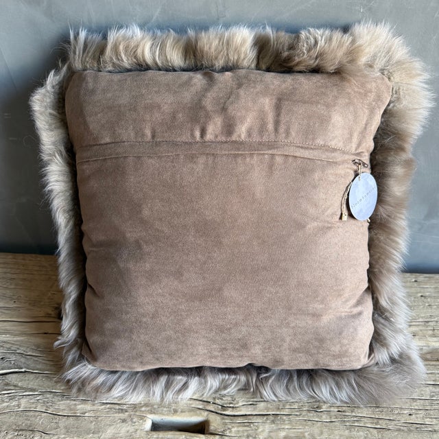 Mongolian Sheepskin Pillow With Insert in Taupe For Sale - Image 4 of 5