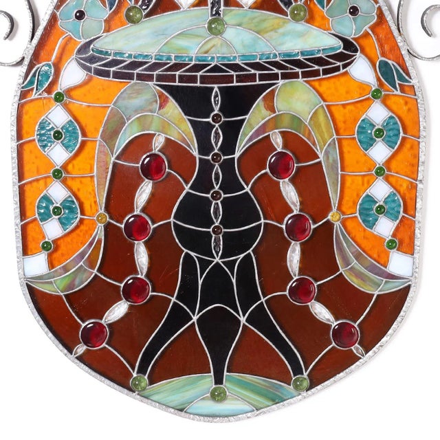 1970s Jeweled Stained Glass Panel With a Floral Motif For Sale - Image 5 of 8