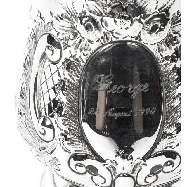 Metal Victorian Silver Plated Embossed and Engraved Mug, 19th Century For Sale - Image 7 of 15