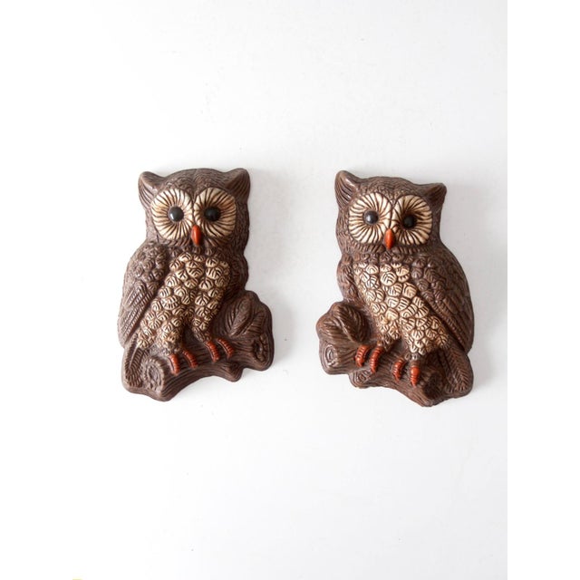 Vintage 1970s Woodland Owl Wall Plaques Pair For Sale - Image 6 of 10
