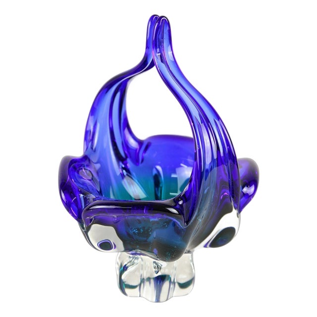 Mid-Century Blue Murano Glass Basket with Curved Handles, Italy, 1960 For Sale