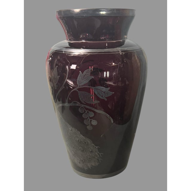 Beautiful antique-style deep amethyst-purple glass vase featuring an elaborate sterling silver overlay decoration...