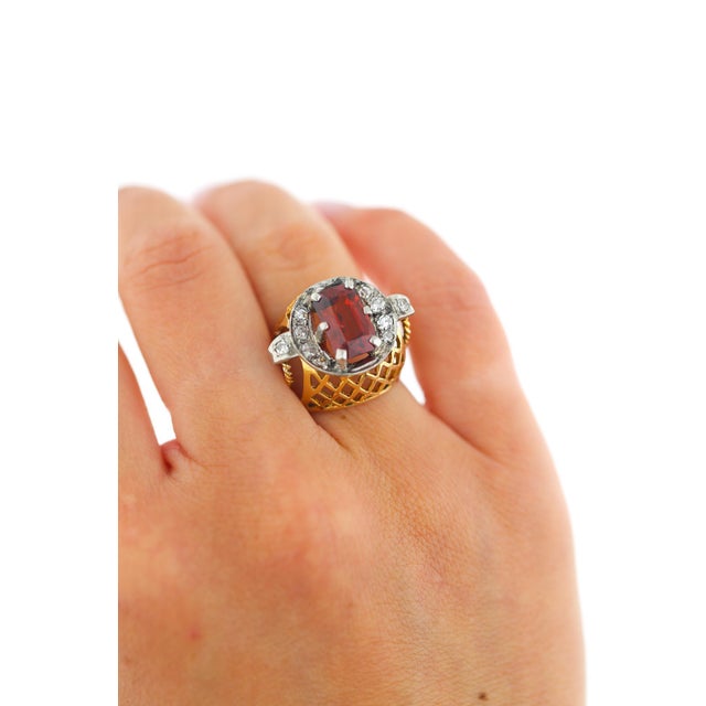 1960s 4.65 Carat Spessartine Garnet Diamond Lattice Wide Band 18k Two Tone Gold Ring, Size 4.5 For Sale - Image 11 of 11