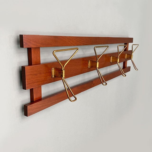 Wood Mid-Century Italian Modern Wood and Brass Wall Coat Hanger, 1960s For Sale - Image 7 of 14