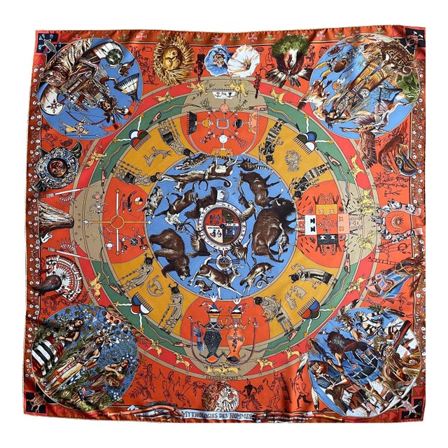 Hermès Silk Scarf Mythologie Des Hommes Rouges Design By Oliver Kermit 1999 For Sale