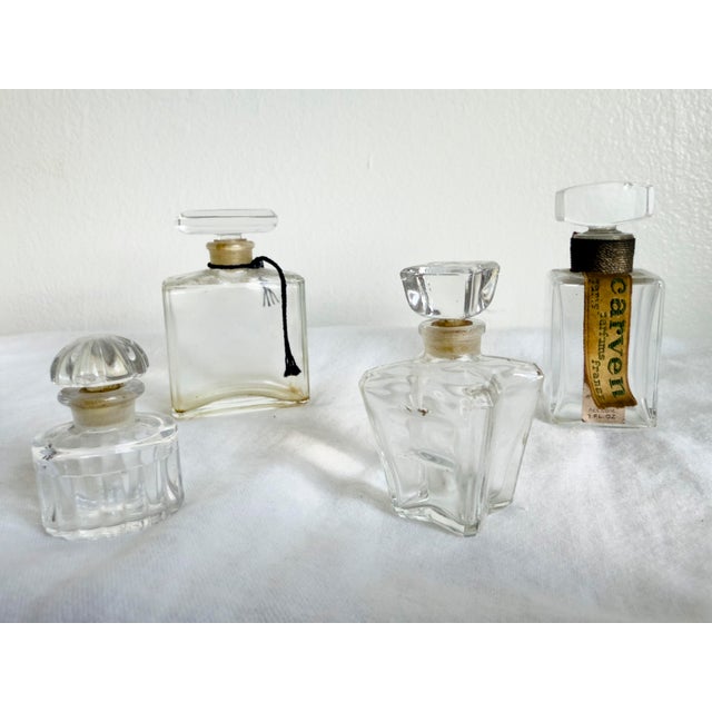 Vintage 1940s–1960s French Art Deco Glass Perfume Bottles Chanel Style Carven Set of 4 Flacons For Sale - Image 13 of 15