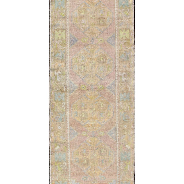 Vintage Turkish Oushak Runner With Geometric Medallions in Light Blue and Yellow For Sale - Image 4 of 7