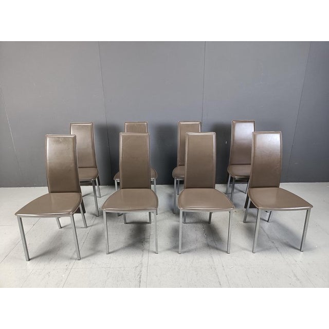 High quality belgian dining chairs made from beautiful taupe leather and chromed legs. Timeless design 1980s - Belgium...