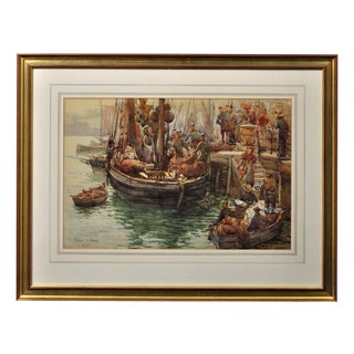 Frances Emily Nesbitt, A Moray Firth Zulu Fishing Boat Unloading Herring in Whitby, 1893, Watercolor, Framed For Sale