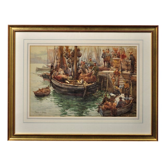 Frances Emily Nesbitt, A Moray Firth Zulu Fishing Boat Unloading Herring in Whitby, 1893, Watercolor, Framed For Sale