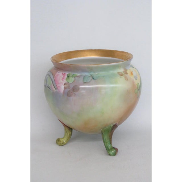 French Style Footed Porcelain Jardiniere Hand Painted Green With Flowers 4998b For Sale - Image 4 of 13