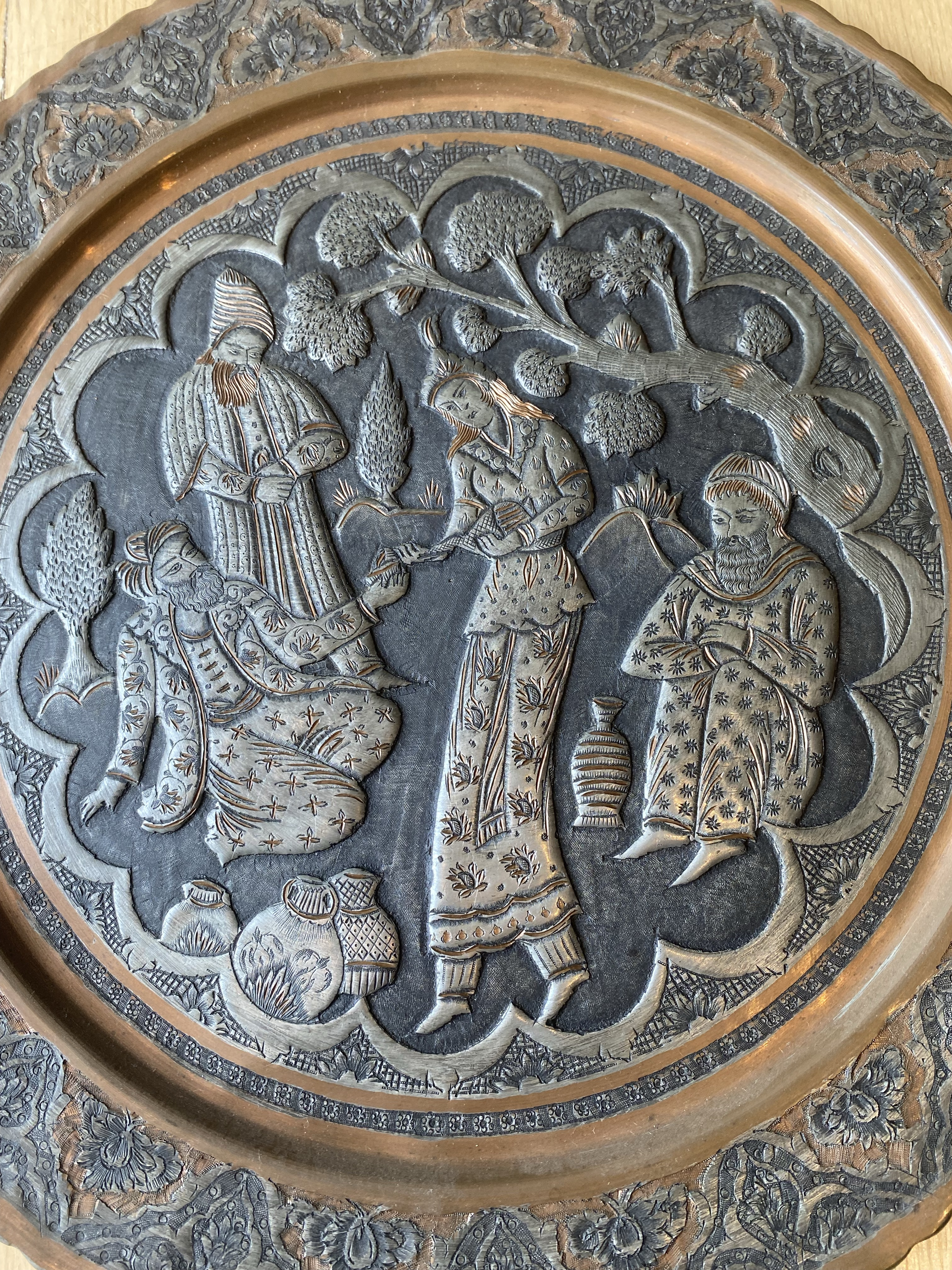 Vintage Silver Tone Tin Copper Persian Ghalamzani Qajar Tooled