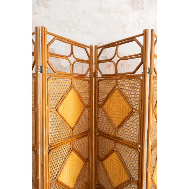 Folding Bamboo Screen with Woven Rush Panels, 1970s For Sale - Image 3 of 7