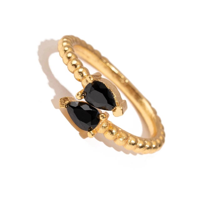 Metal Black Onyx Teardrop Glow Gold Adjustable Ring, Size 8 For Sale - Image 7 of 10
