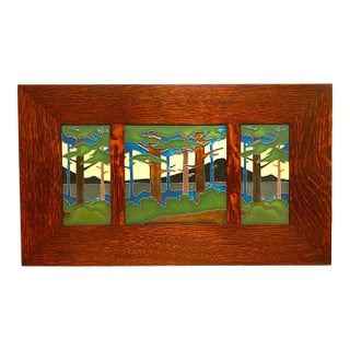 Motawi Tileworks Tile Triptych "Pine Landscape" in Dard Hunter Oak Frame For Sale