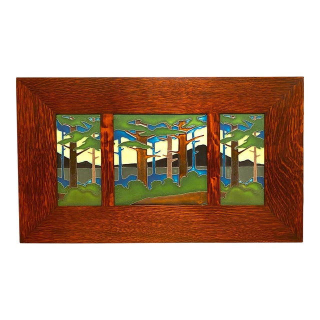 Motawi Tileworks Tile Triptych "Pine Landscape" in Dard Hunter Oak Frame For Sale