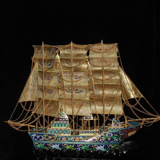 Traditional Vintage Cloisonne Enamel Ship Model – 28" Gilt Sailing Boat With Box For Sale - Image 3 of 9