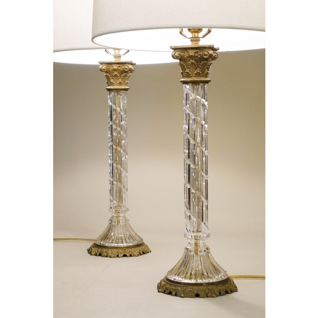 1960s Large Matched Pair Waterford Crystal French Empire Corinthian Column Brass Table Lamps 1960's For Sale - Image 5 of 13