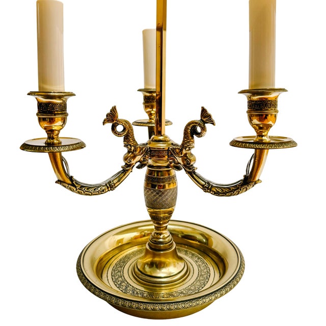 Mid 20th Century Mid 20th Century French Empire Style Three-Light Brass Bouillotte Lamp With Crimson Red Tole Shade For Sale - Image 5 of 8