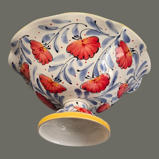 Contemporary Footed Scalloped Edge Spanish Pottery Painted Enamel Poppies Center Piece Bowl For Sale - Image 3 of 8