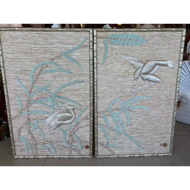 Don Freedman Don Freedman Pair Wall Tapestry Framed Bamboo Woven Textile Silk Art Birds For Sale - Image 4 of 12