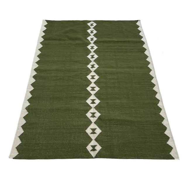 Textile Handmade New Zealand Wool Dhurrie, Olive Green and White Diamond Rug- 9'x12' For Sale - Image 7 of 14