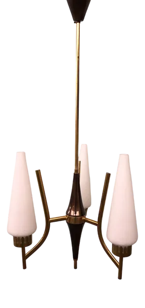 Italian Chandelier in Brass Aluminum and Opal Glass, 1950s