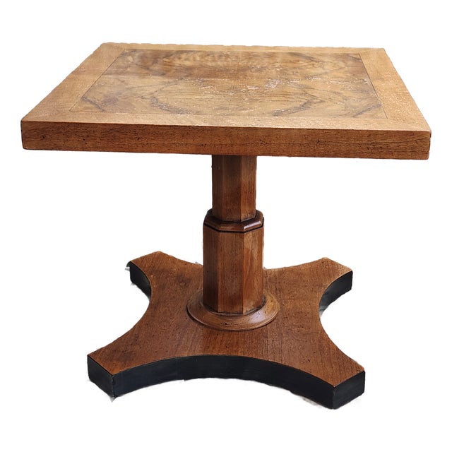 Mid 20th Century Baker Furniture Neoclassical Book-Matched Walnut Pedestal Side Table For Sale
