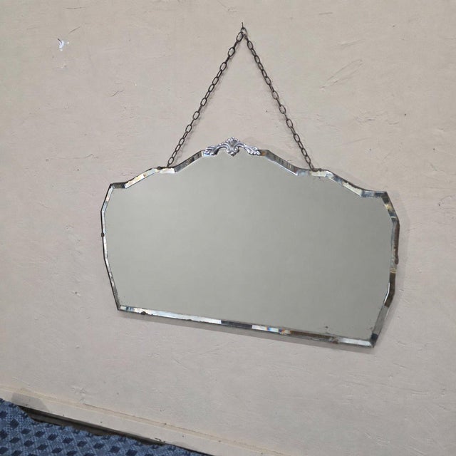 Art Deco Art Deco Beveled Wall Mirror Chain Hung Foxed Glass Silver Crest 22 Inch For Sale - Image 3 of 11