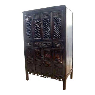 Dark Reddish Brown Lattice and Carved Cabinet For Sale