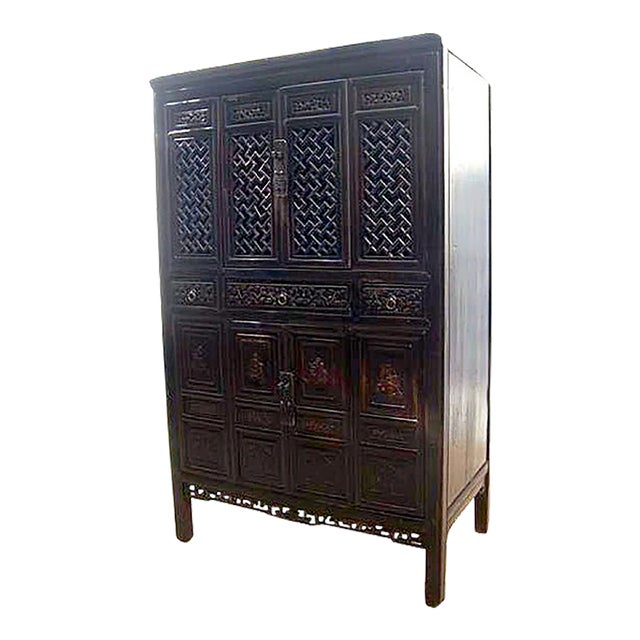 Dark Reddish Brown Lattice and Carved Cabinet For Sale