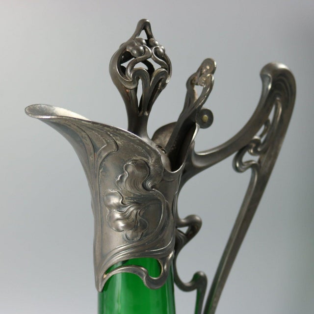 1910s Art Nouveau WMF Claret Jug With Green Glass Liner For Sale - Image 9 of 14