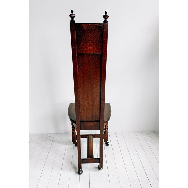 Brown Vintage Gothic Revival Oak Hall Chair With Carved Back and Casters For Sale - Image 8 of 12