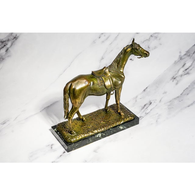 Stately Large Equestrian Antique Saddled Horse Statue Sculpture Cast Metal Marble Base Country Home Decor For Sale - Image 14 of 16