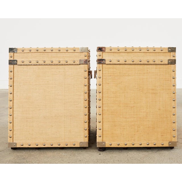 Pair of Raffia Grasscloth Campaign Style Hat Trunk Boxes For Sale - Image 12 of 12