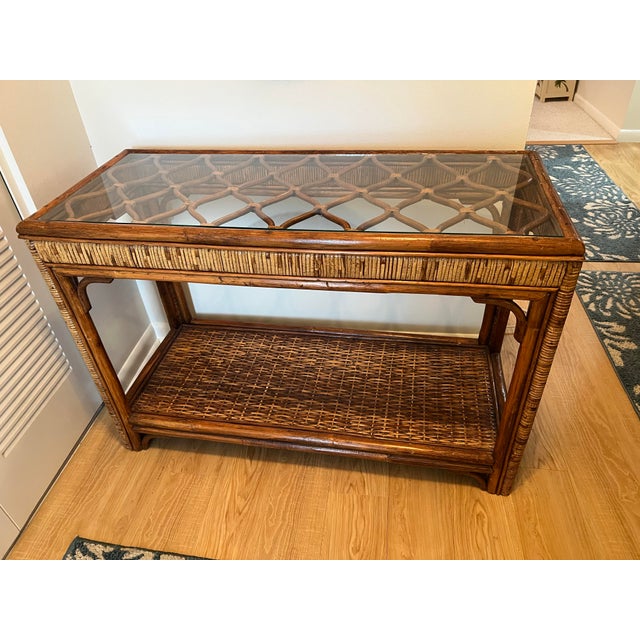 1970s Coastal Bamboo Rattan Console Table Organic Modern Style For Sale - Image 5 of 8