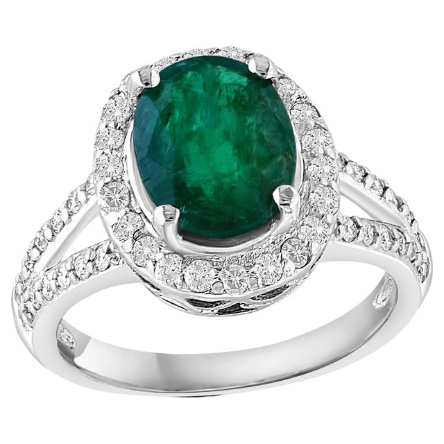 2.5 Carat Oval Natural Zambian Emerald & 2 ct Diamond Ring 14 Karat White Gold For Sale - Image 17 of 18