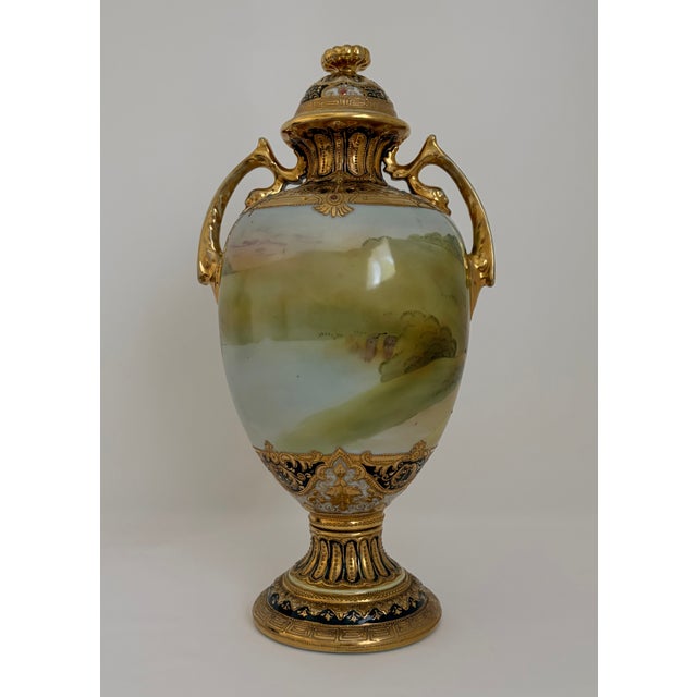 1900 - 1909 Antique Nippon Hand-Painted Scenic Covered Urn With Gilt & Jeweled Enamel, C. 1900 For Sale - Image 5 of 18