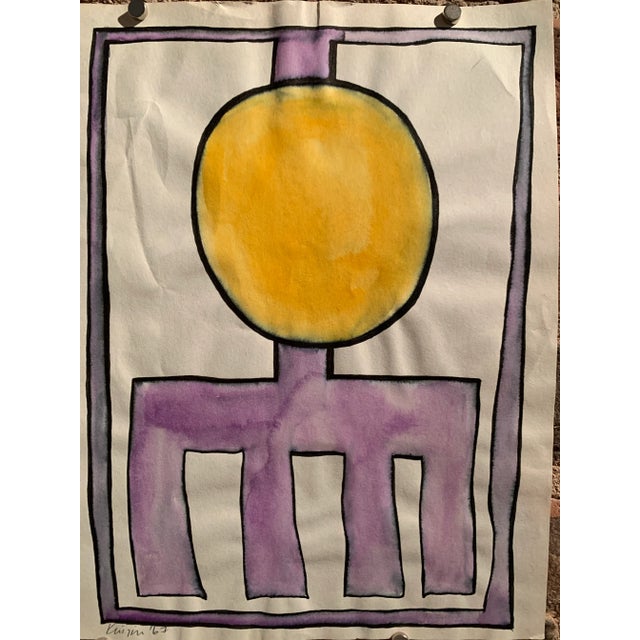 Michael Knigin Abstract 2 Purple and Yellow 1967 Ink brush and watercolor on paper 8.25"x11" unframed Signed and dated in...