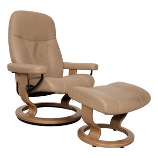 Set of Beige Leather Consul Armchair and Ottoman with Manual Reclining Function For Sale