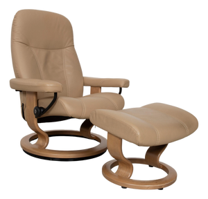 Set of Beige Leather Consul Armchair and Ottoman with Manual Reclining Function