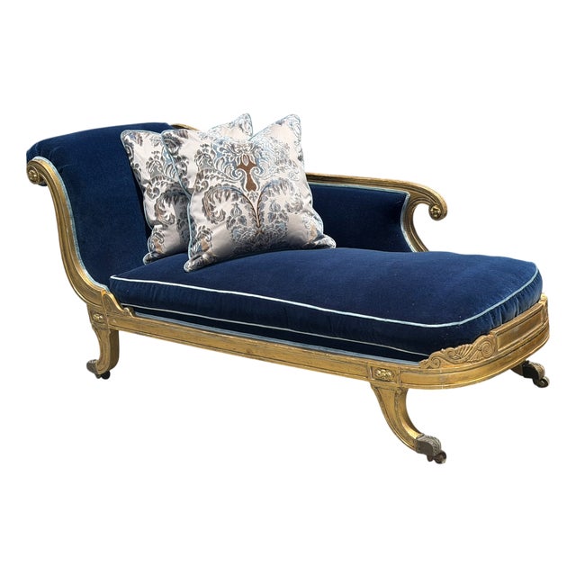 Antique 18th C Louis XVI Giltwood Chaise Fainting Couch - Sapphire Blue Mohair For Sale