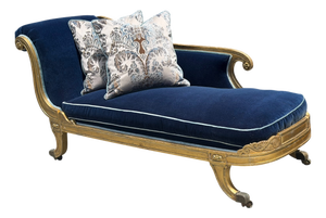 Antique 18th C Louis XVI Giltwood Chaise Fainting Couch - Sapphire Blue Mohair