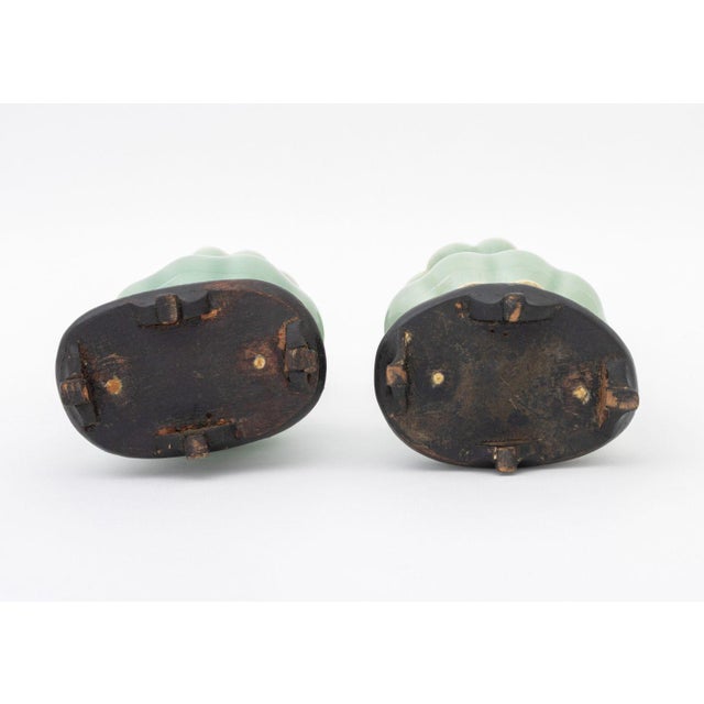 Wood Pair of Vintage Chinese Celadon Porcelain Yuhuchunping Vases For Sale - Image 7 of 8