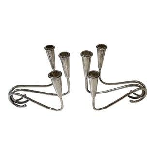 Mid 20th Century Sterling Silver Pair of Bauhaus Candlesticks With 3 Candles Each For Sale