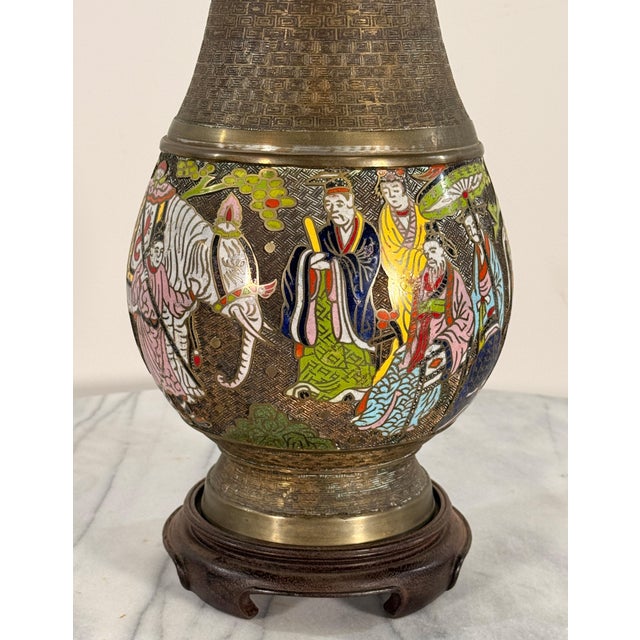 Mid 20th Century Chinese Cloisonne Brass Vase Table Lamp With Figural and White Elephant Decoration For Sale In Providence - Image 6 of 15